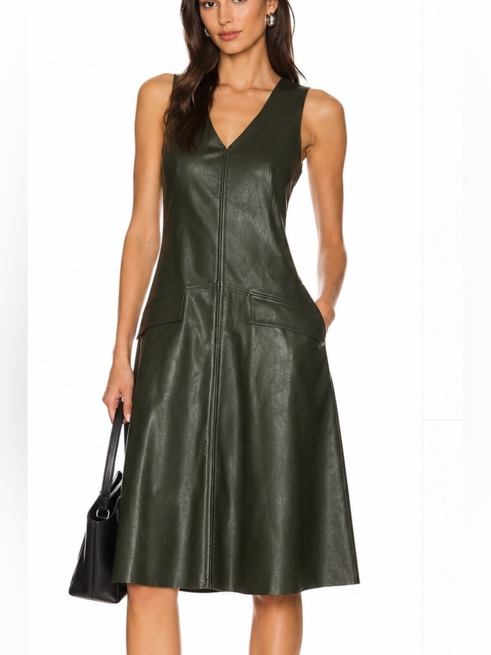 Belladonna Faux Leather Midi Dress Medium Olive Green Stretchy Sleeveless Dress
